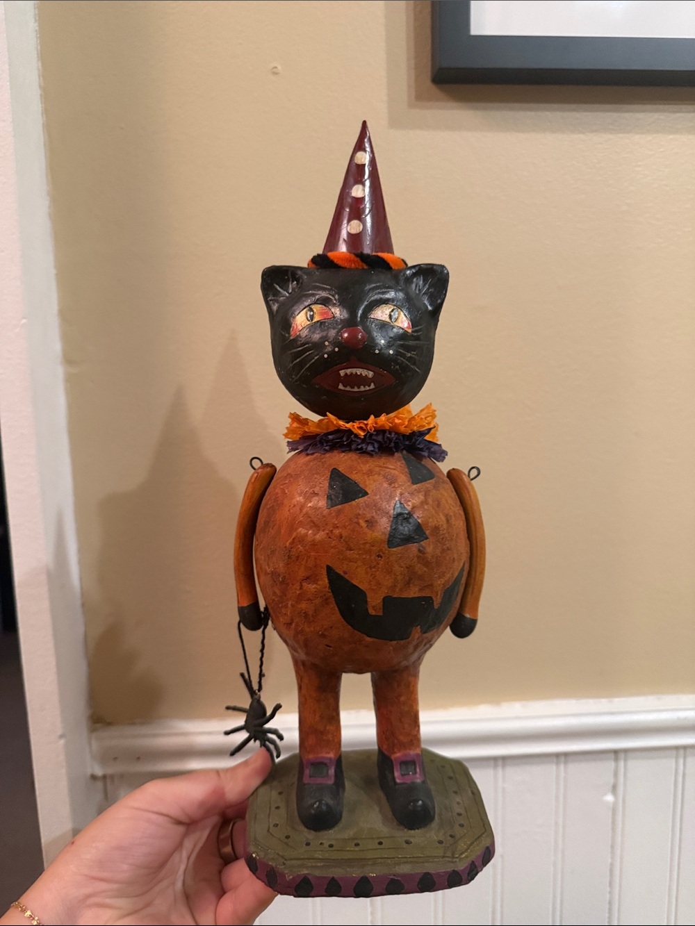 VTG PAPER MACHE HALLOWEEN BLACK CAT FIGURINE PUMPKIN SPIDER